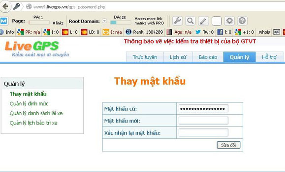 đổi mật khẩu đăng nhập định vị ô tô